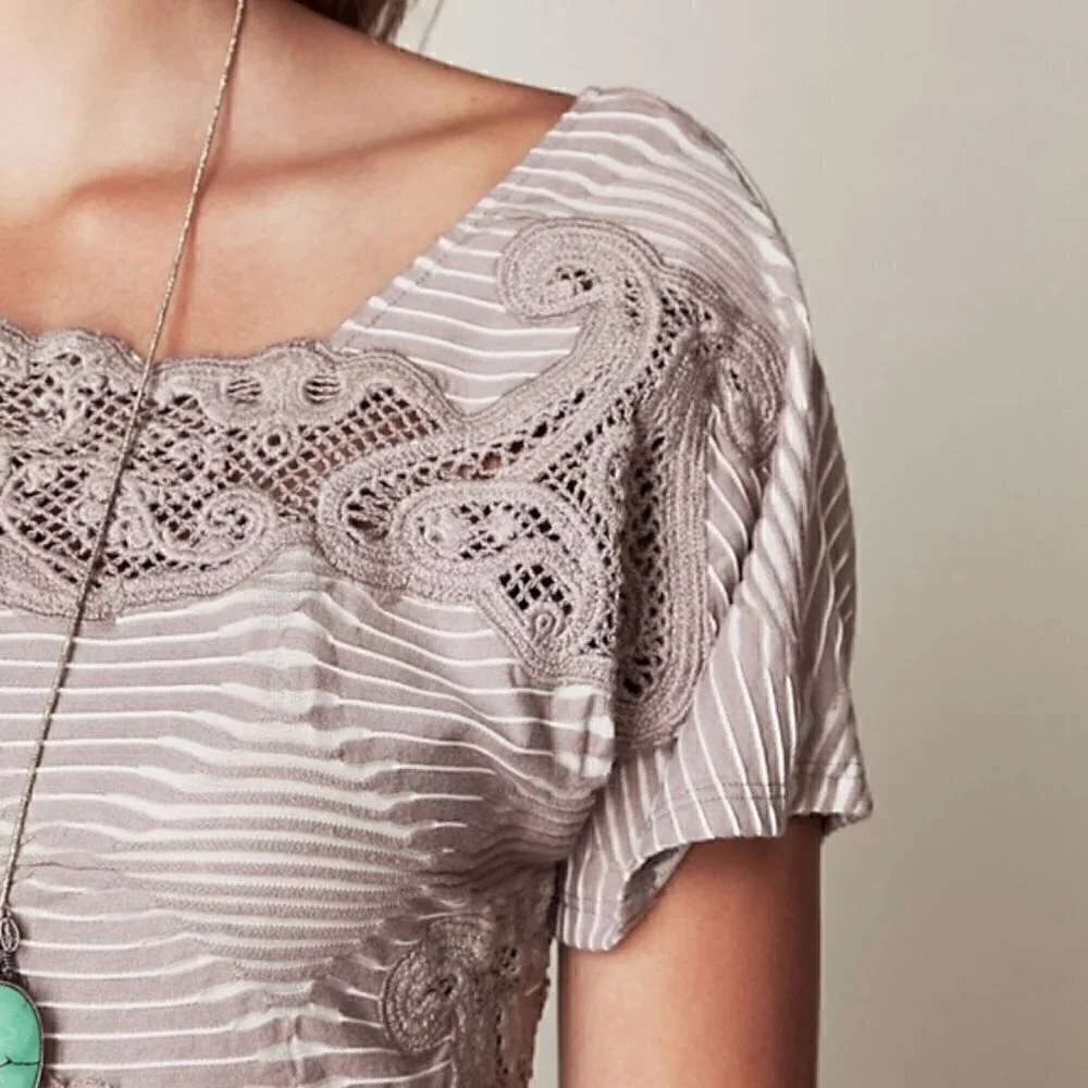 FREE PEOPLE New Romantics Mini Dress S Shift Crochet Cutout Neutral Minimalist - Picture 7 of 16